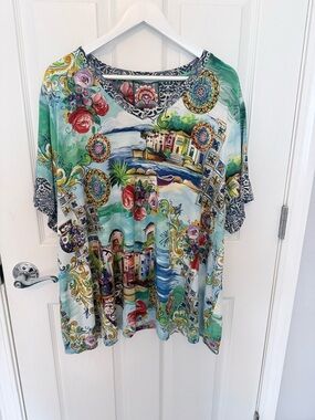 Johnny Was   3x Women’s Scenic Print V-Neck Top in Teal